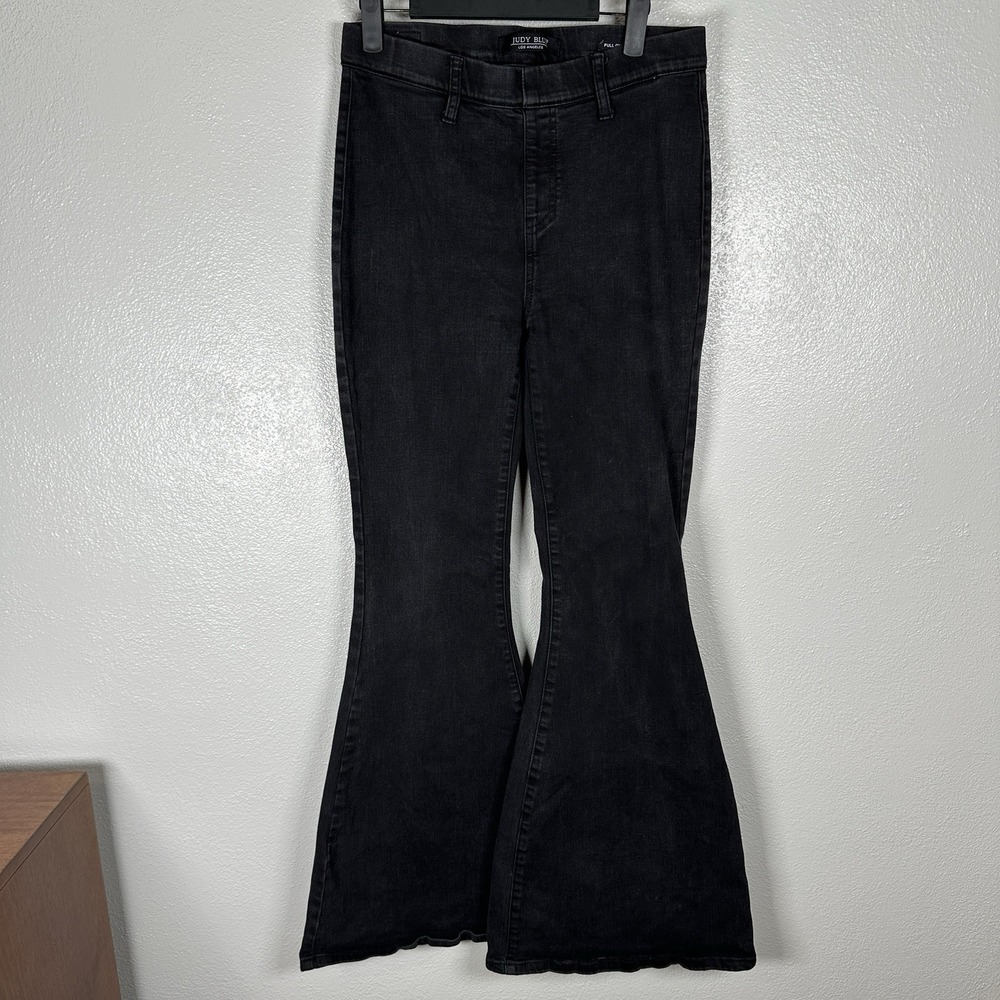 Judy Blue Pull On Super Flare Jeans Womens 7/28 Black Wash Bell Bottoms Stretch